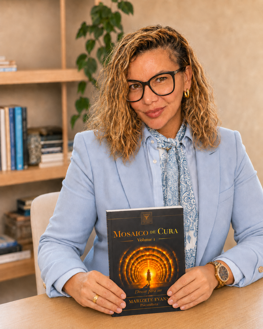 Marizete Evans segurando o livro Mosaico de Cura