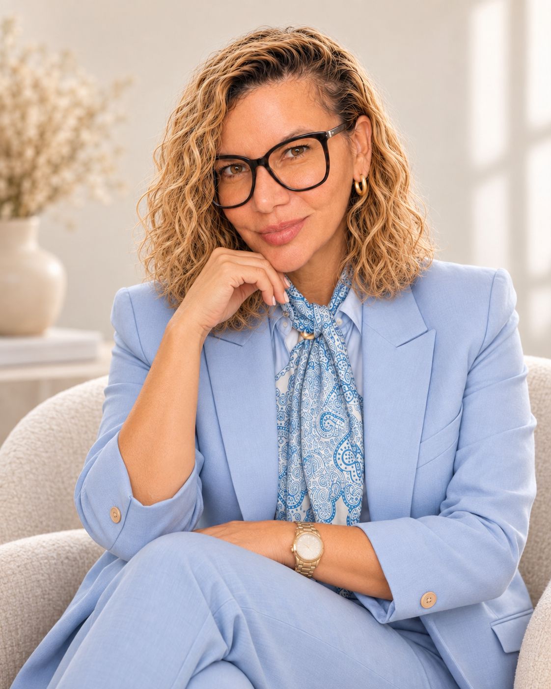 Marizete Evans sentada, usando blazer azul-claro, em retrato editorial