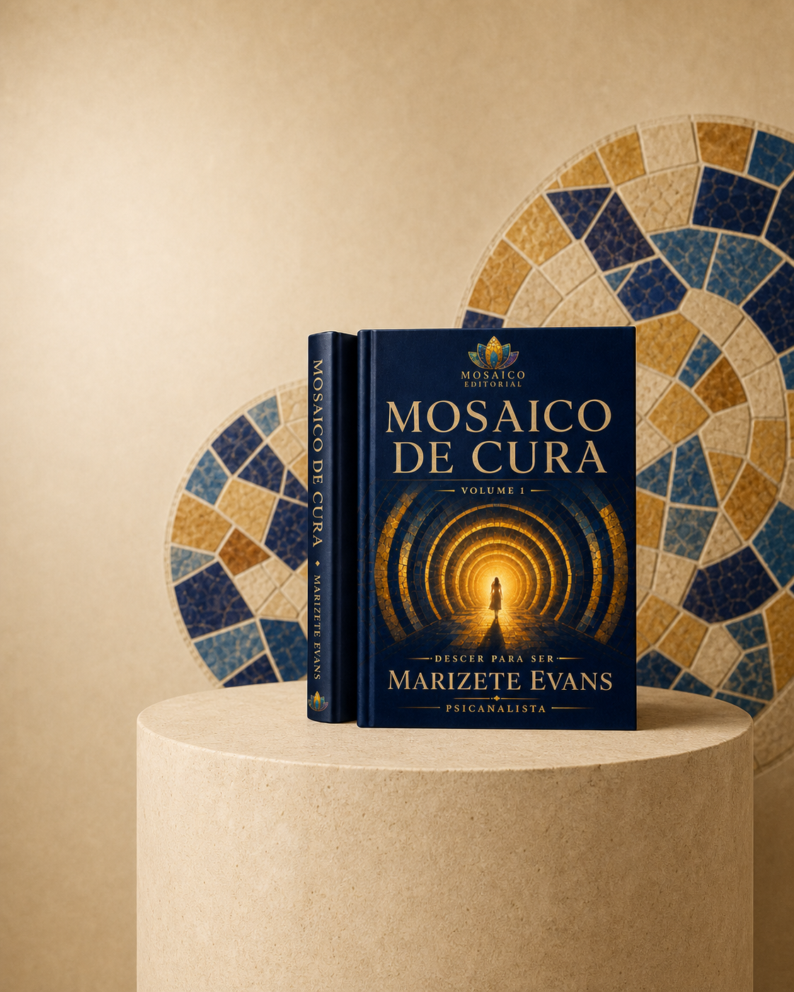 Livro Mosaico de Cura em composição vertical com mosaico azul, dourado e creme
